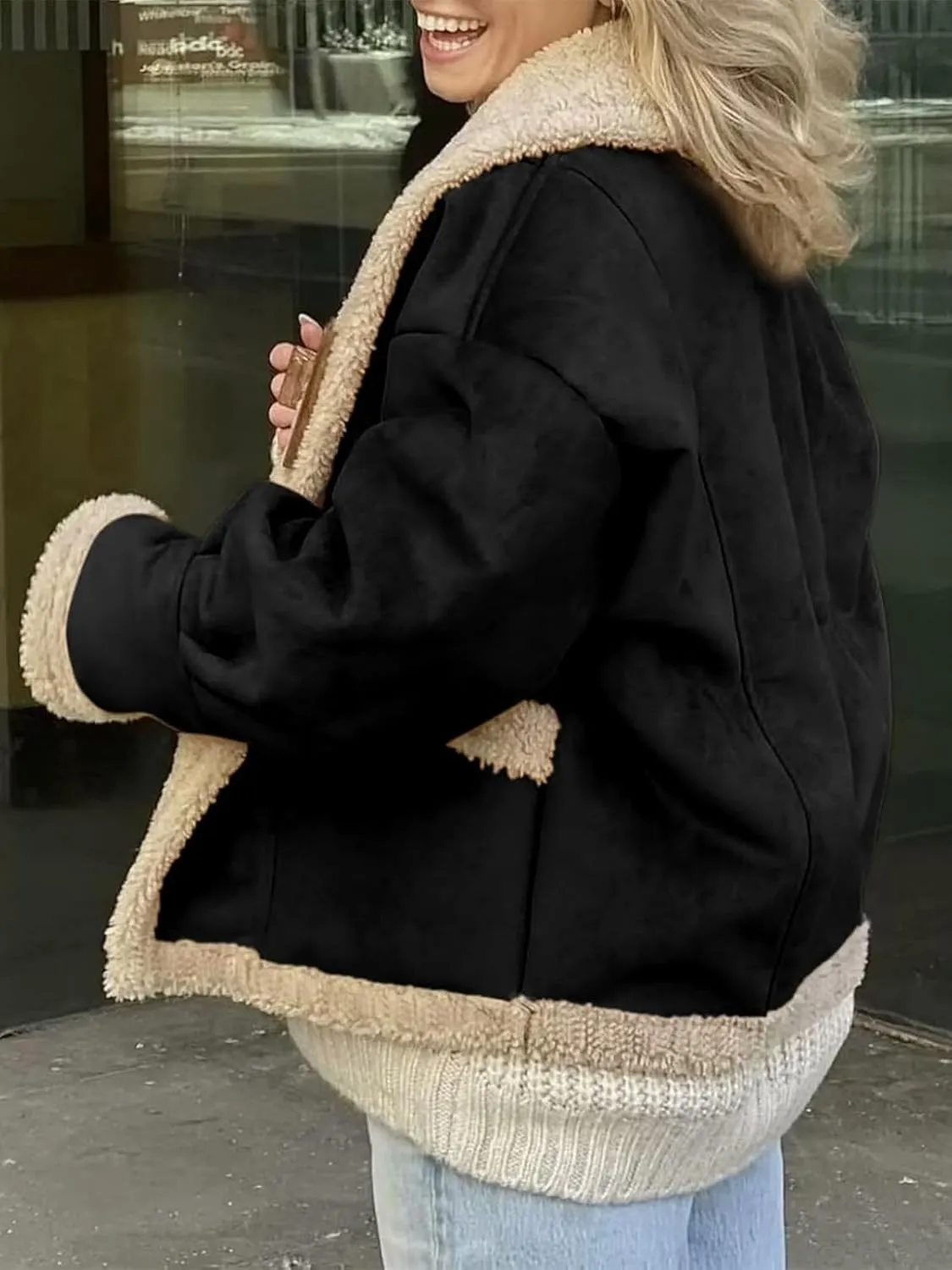 IDEALSANXUN Fleece Sherpa Lined Jackets for Women Winter Fuzzy Faux Suede Leather Jacket Thick Warm Shearling Coats