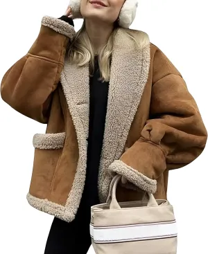 IDEALSANXUN Fleece Sherpa Lined Jackets for Women Winter Fuzzy Faux Suede Leather Jacket Thick Warm Shearling Coats