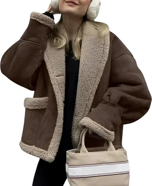 IDEALSANXUN Fleece Sherpa Lined Jackets for Women Winter Fuzzy Faux Suede Leather Jacket Thick Warm Shearling Coats
