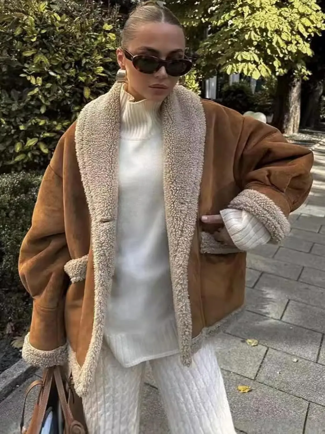 IDEALSANXUN Fleece Sherpa Lined Jackets for Women Winter Fuzzy Faux Suede Leather Jacket Thick Warm Shearling Coats