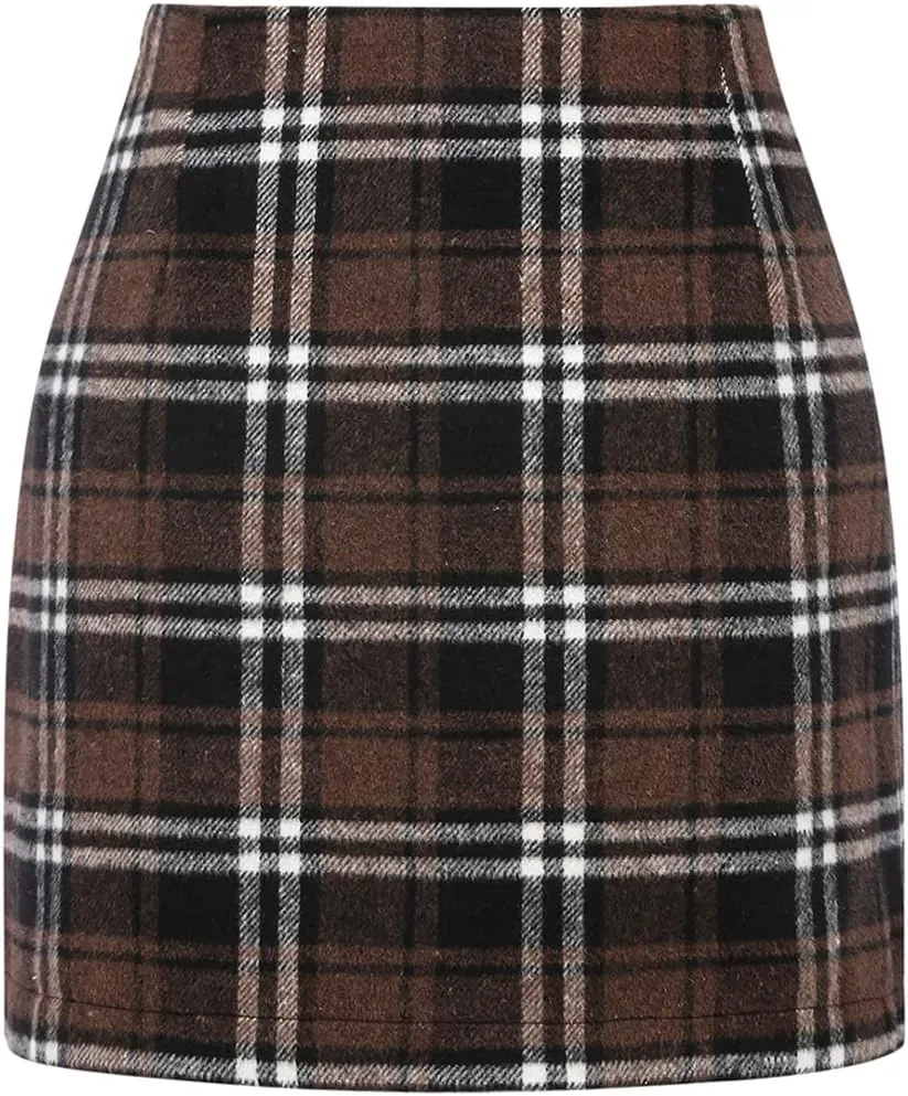 IDEALSANXUN Womens High Waist Plaid Skirt Bodycon Pencil Wool Mini Skirts