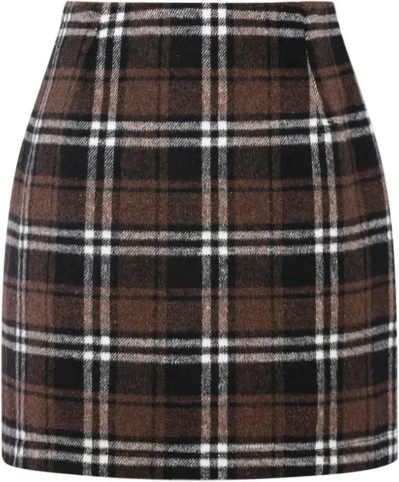 IDEALSANXUN Womens High Waist Plaid Skirt Bodycon Pencil Wool Mini Skirts