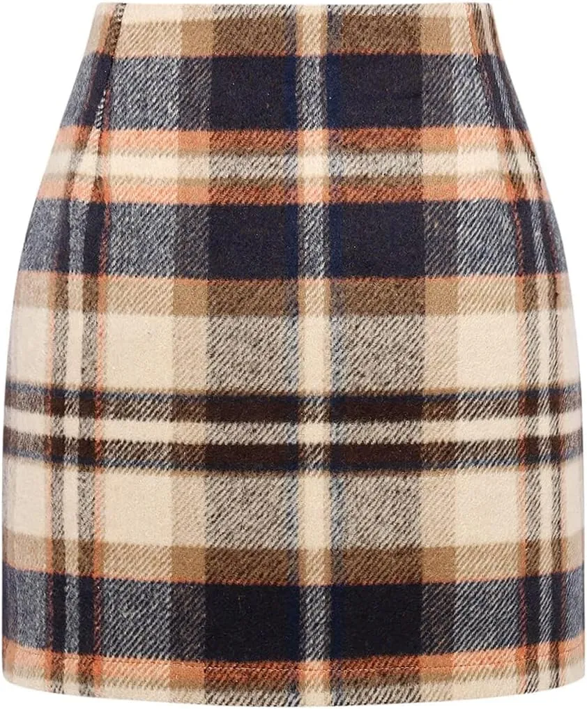 IDEALSANXUN Womens High Waist Plaid Skirt Bodycon Pencil Wool Mini Skirts