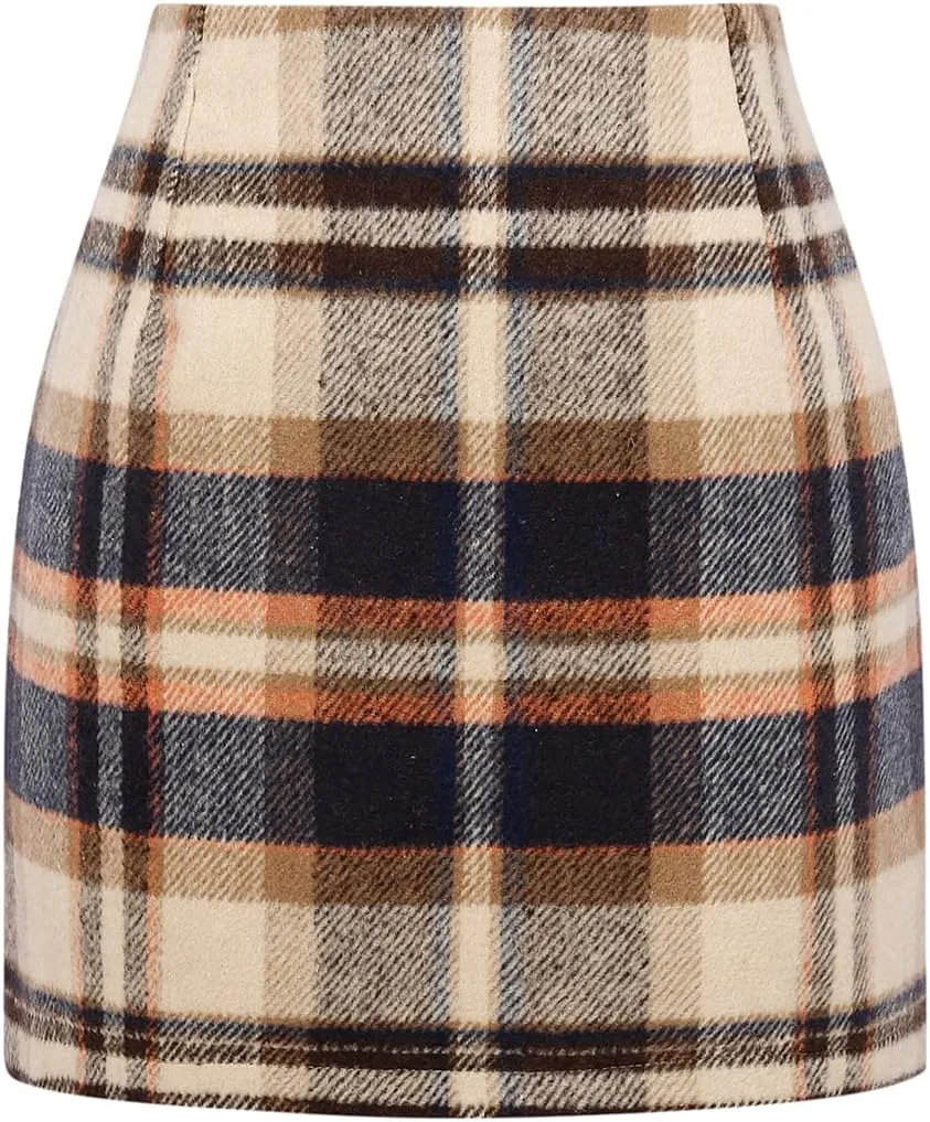 IDEALSANXUN Womens High Waist Plaid Skirt Bodycon Pencil Wool Mini Skirts