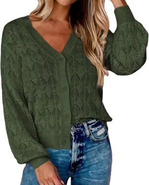iLH Cardigans for Women 2024 Fall Lightweight Open Front Sweater V Neck Button Down Knit Outerwear Loose Crochet Jacket