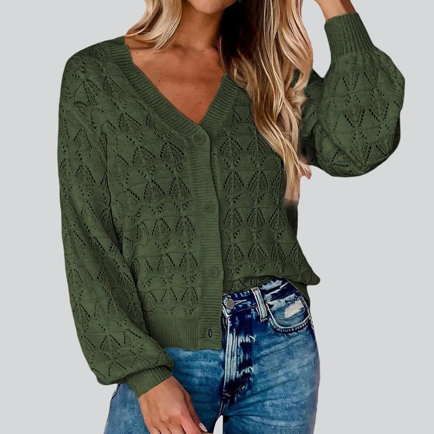iLH Cardigans for Women 2024 Fall Lightweight Open Front Sweater V Neck Button Down Knit Outerwear Loose Crochet Jacket