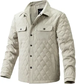 Jackets for Men Diamond Quilted Puffer Down Jacket Lightweight Business Casual Button Down Shirts Shacket Collared Tops