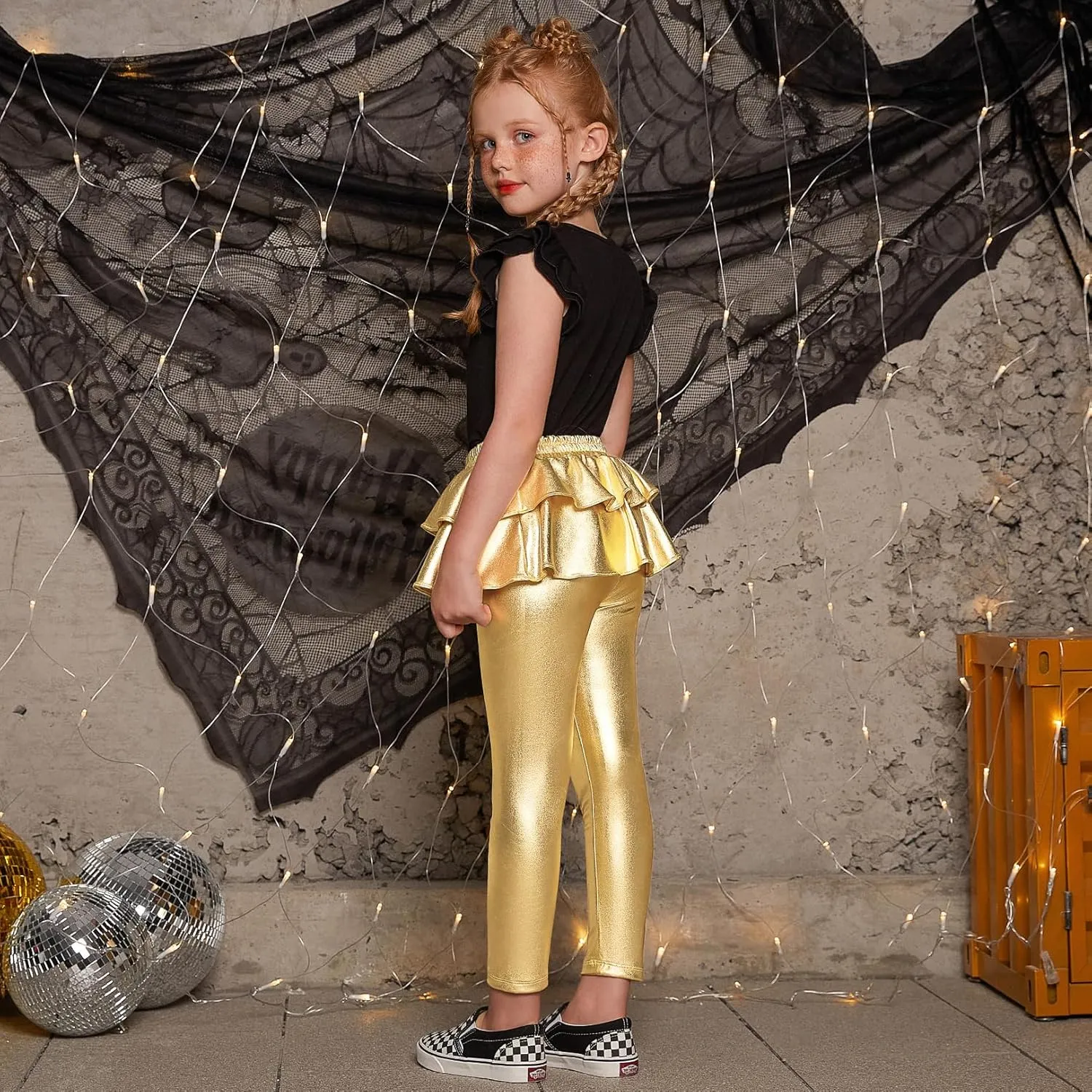 Jxstar Girls Metallic Leggings with Skirt Kids Shiny Sparkle Stretch Pants