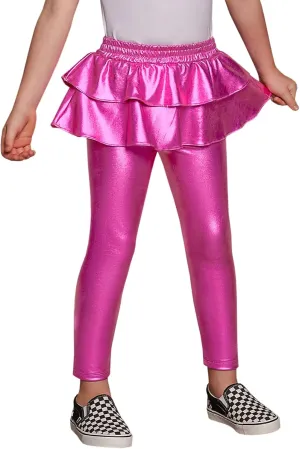 Jxstar Girls Metallic Leggings with Skirt Kids Shiny Sparkle Stretch Pants