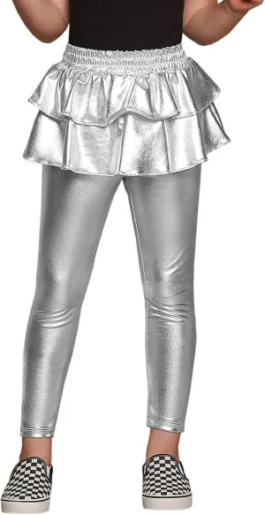 Jxstar Girls Metallic Leggings with Skirt Kids Shiny Sparkle Stretch Pants