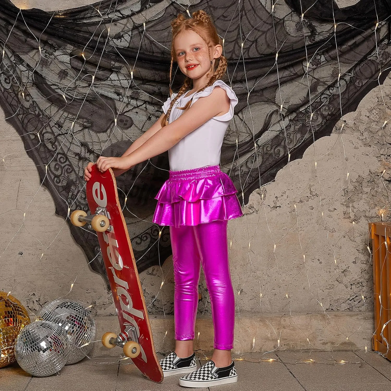 Jxstar Girls Metallic Leggings with Skirt Kids Shiny Sparkle Stretch Pants