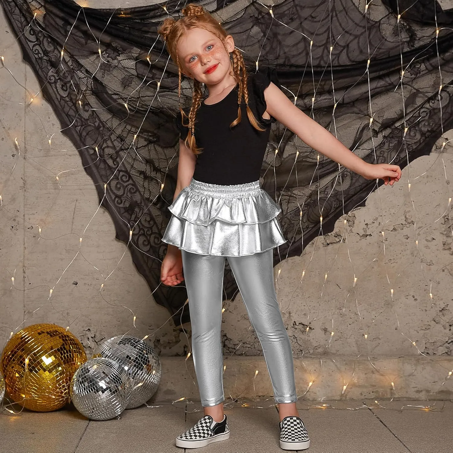 Jxstar Girls Metallic Leggings with Skirt Kids Shiny Sparkle Stretch Pants