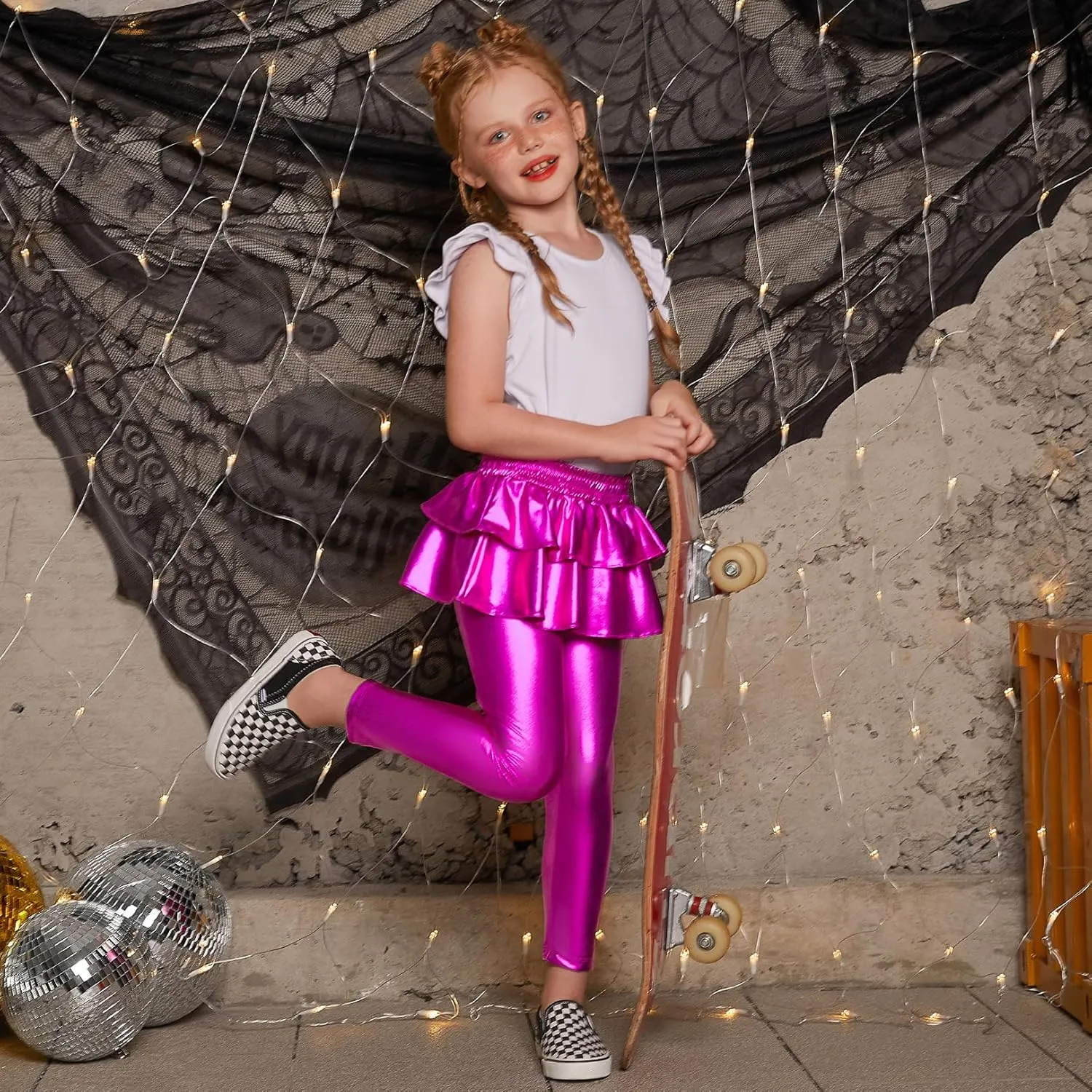 Jxstar Girls Metallic Leggings with Skirt Kids Shiny Sparkle Stretch Pants