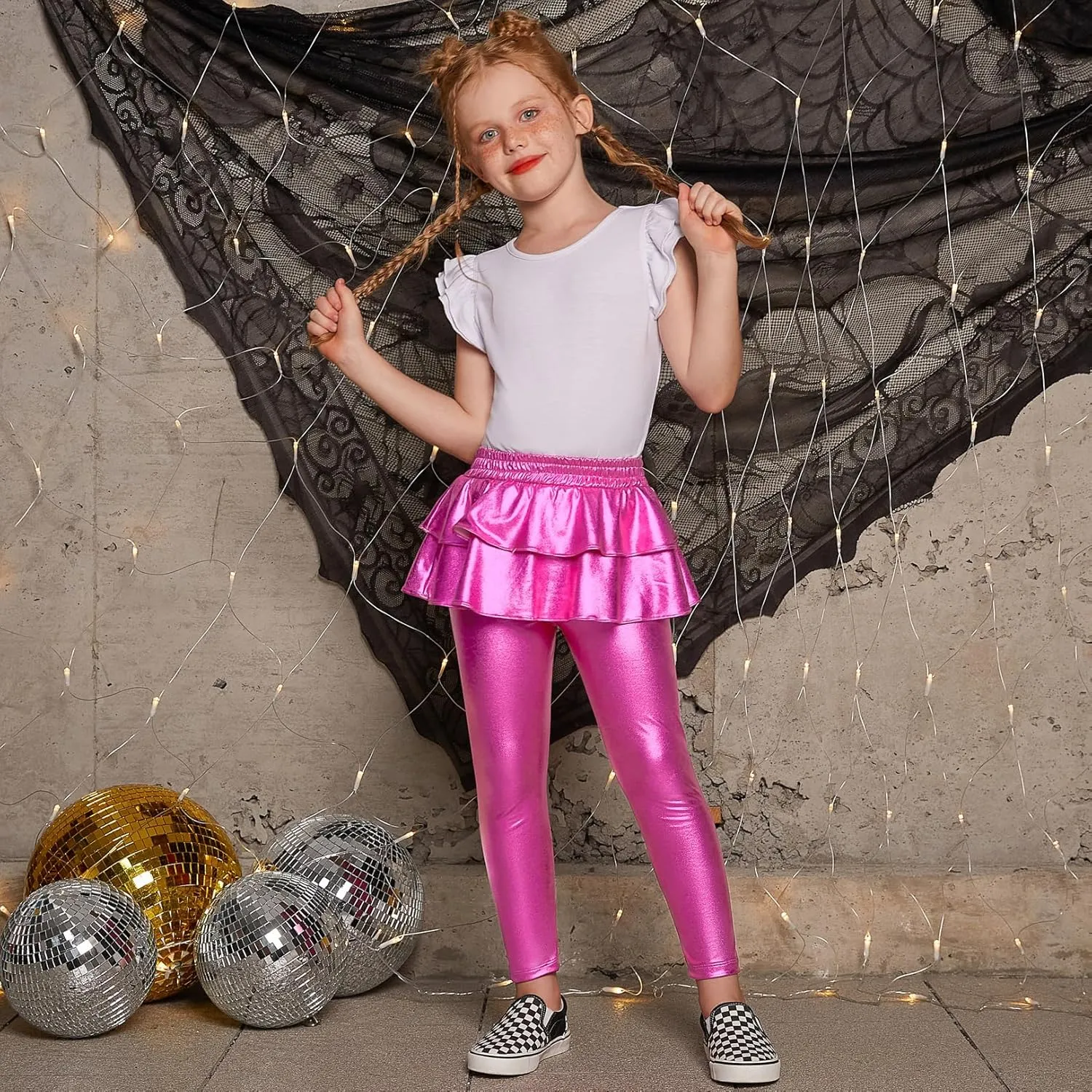 Jxstar Girls Metallic Leggings with Skirt Kids Shiny Sparkle Stretch Pants