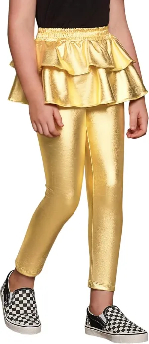 Jxstar Girls Metallic Leggings with Skirt Kids Shiny Sparkle Stretch Pants