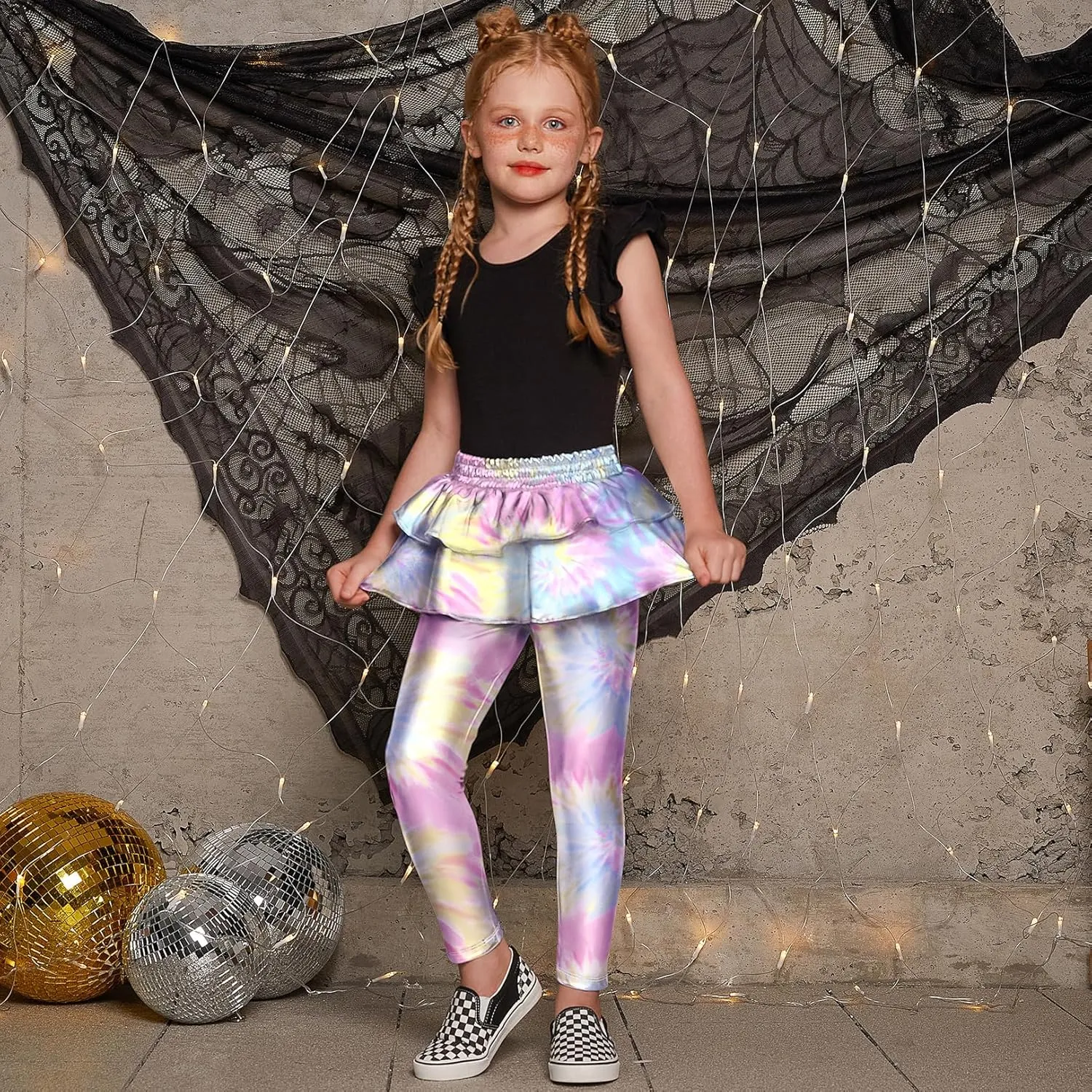 Jxstar Girls Metallic Leggings with Skirt Kids Shiny Sparkle Stretch Pants