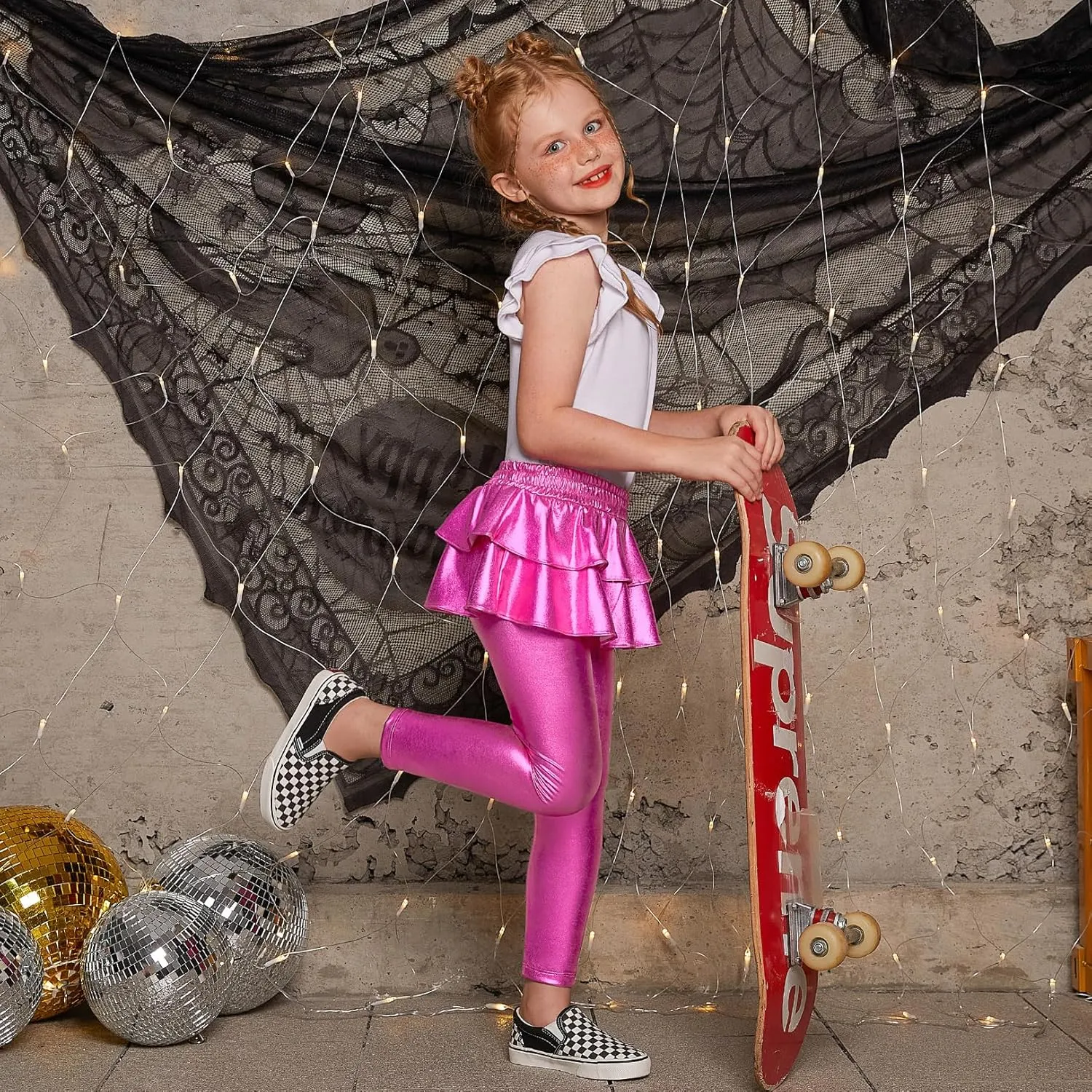Jxstar Girls Metallic Leggings with Skirt Kids Shiny Sparkle Stretch Pants