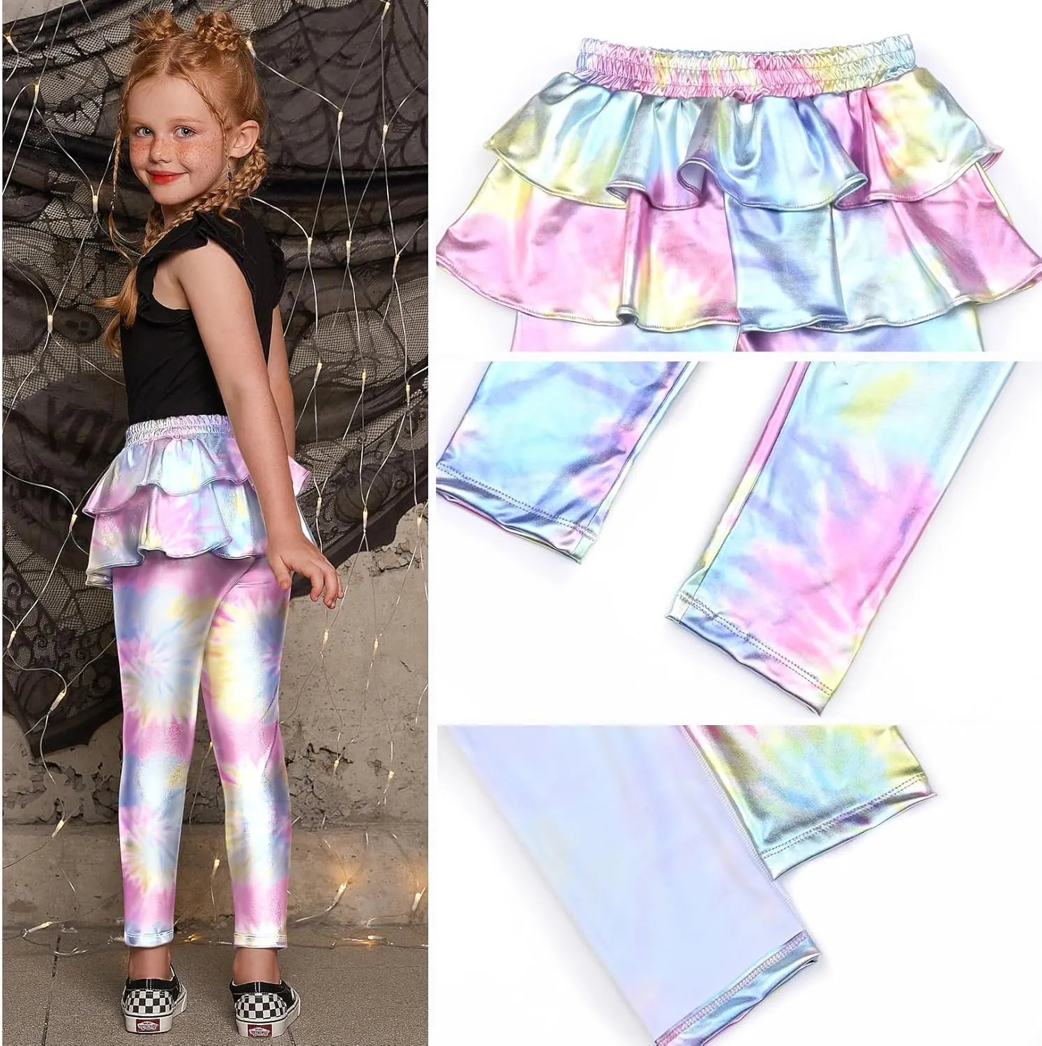 Jxstar Girls Metallic Leggings with Skirt Kids Shiny Sparkle Stretch Pants