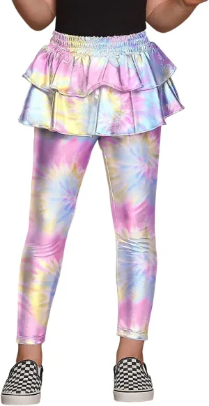 Jxstar Girls Metallic Leggings with Skirt Kids Shiny Sparkle Stretch Pants