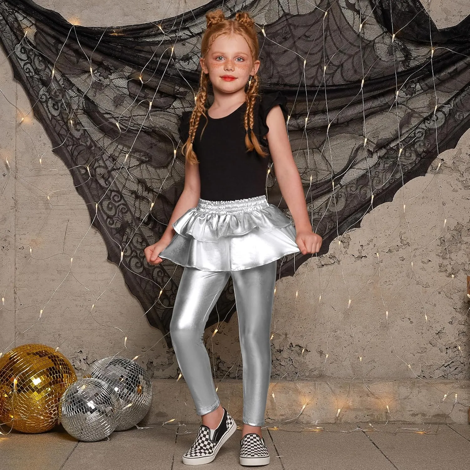 Jxstar Girls Metallic Leggings with Skirt Kids Shiny Sparkle Stretch Pants