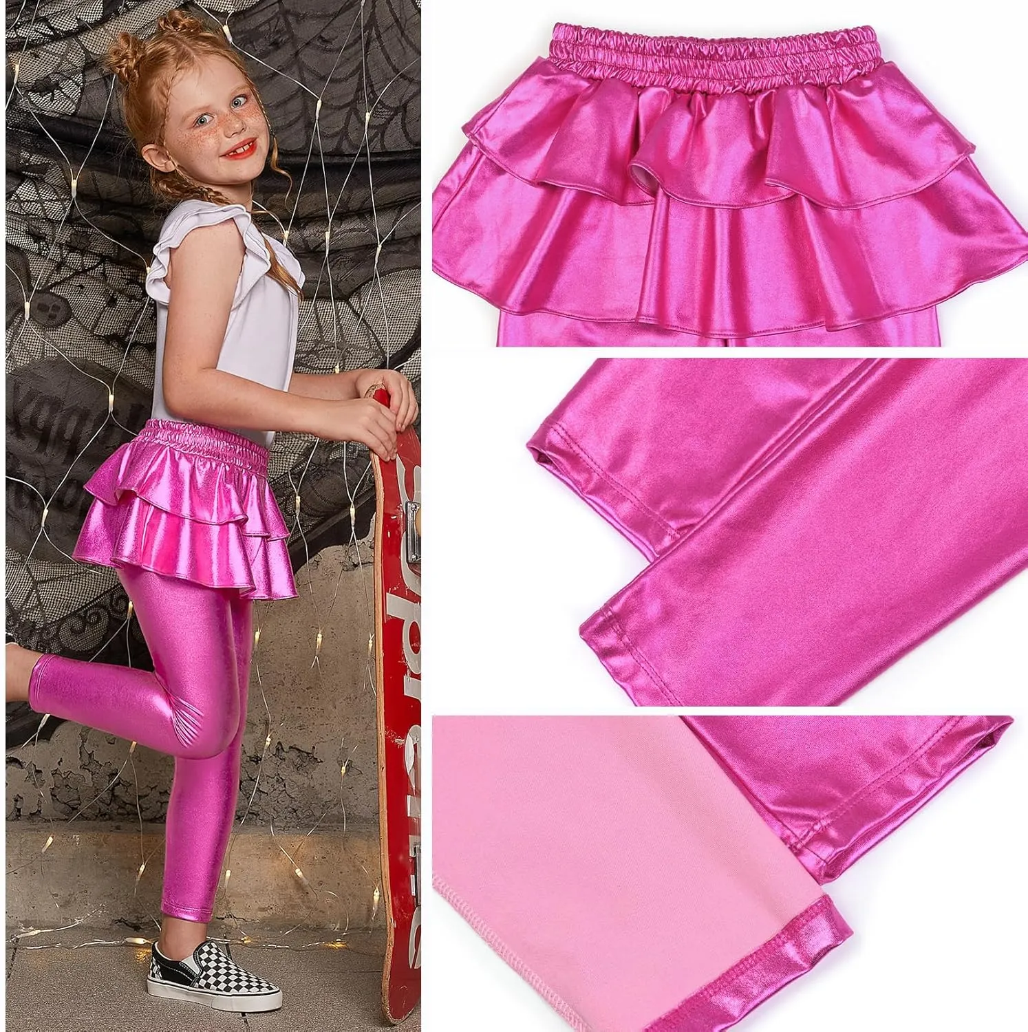 Jxstar Girls Metallic Leggings with Skirt Kids Shiny Sparkle Stretch Pants