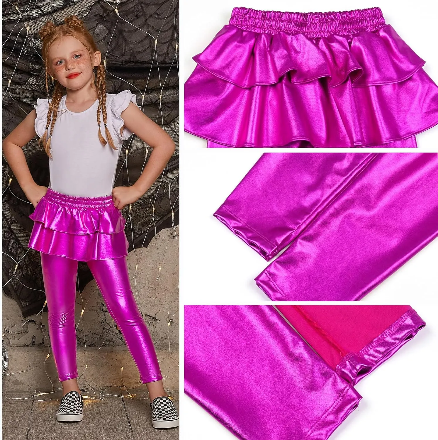 Jxstar Girls Metallic Leggings with Skirt Kids Shiny Sparkle Stretch Pants