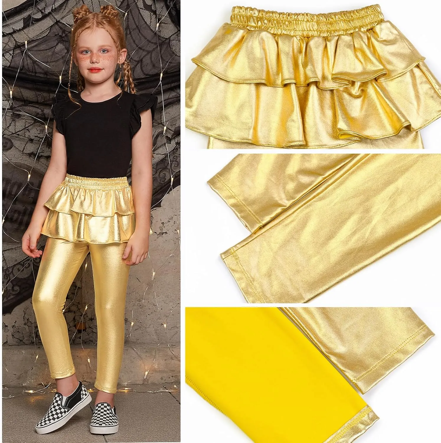 Jxstar Girls Metallic Leggings with Skirt Kids Shiny Sparkle Stretch Pants