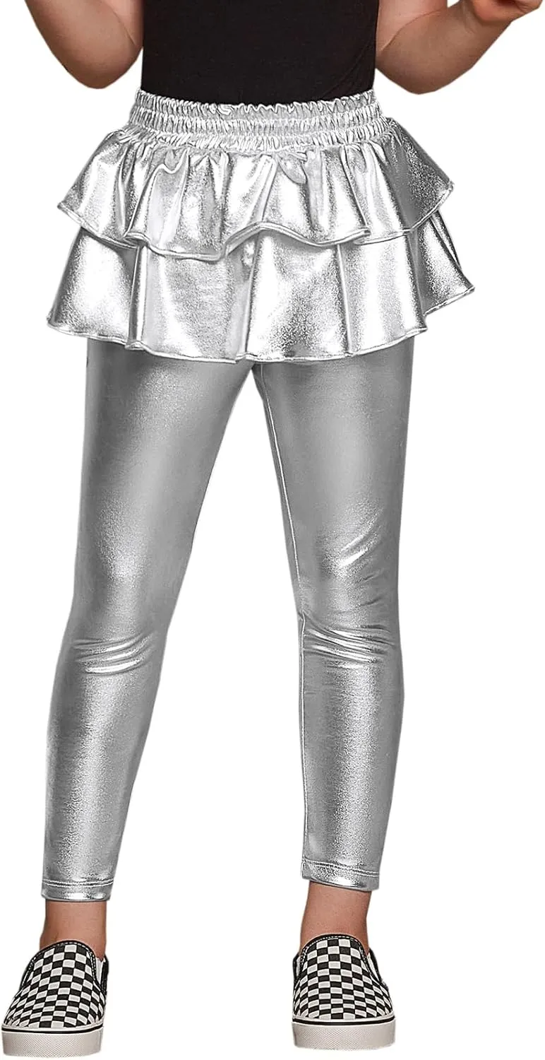 Jxstar Girls Metallic Leggings with Skirt Kids Shiny Sparkle Stretch Pants