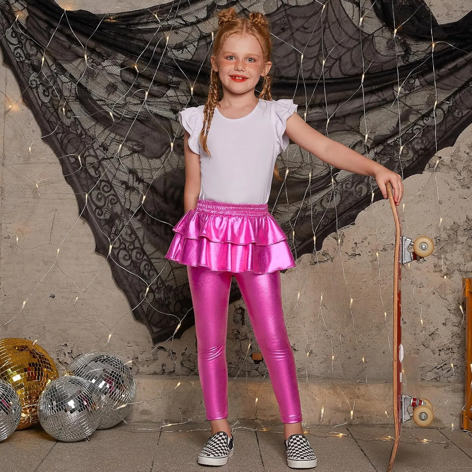 Jxstar Girls Metallic Leggings with Skirt Kids Shiny Sparkle Stretch Pants