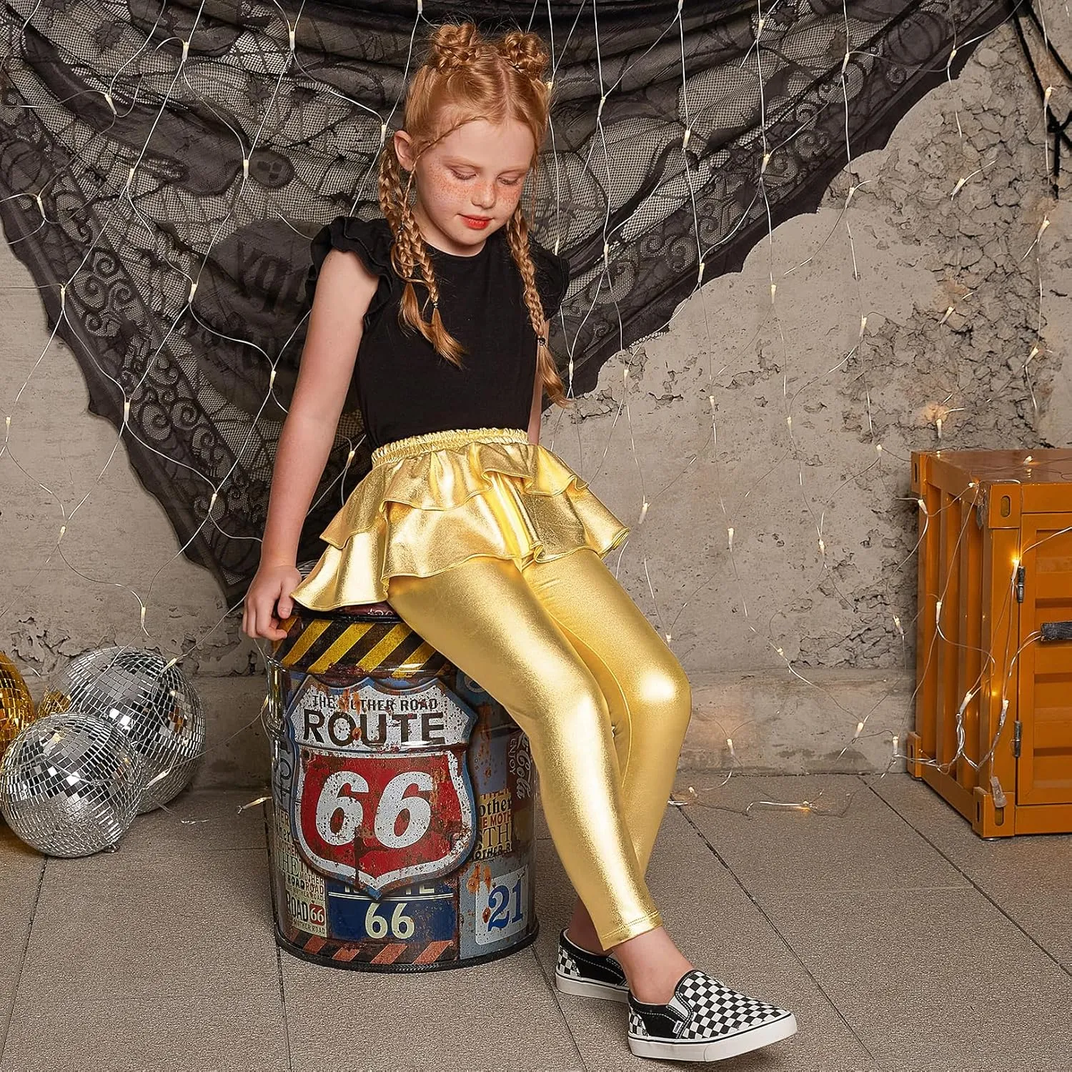 Jxstar Girls Metallic Leggings with Skirt Kids Shiny Sparkle Stretch Pants