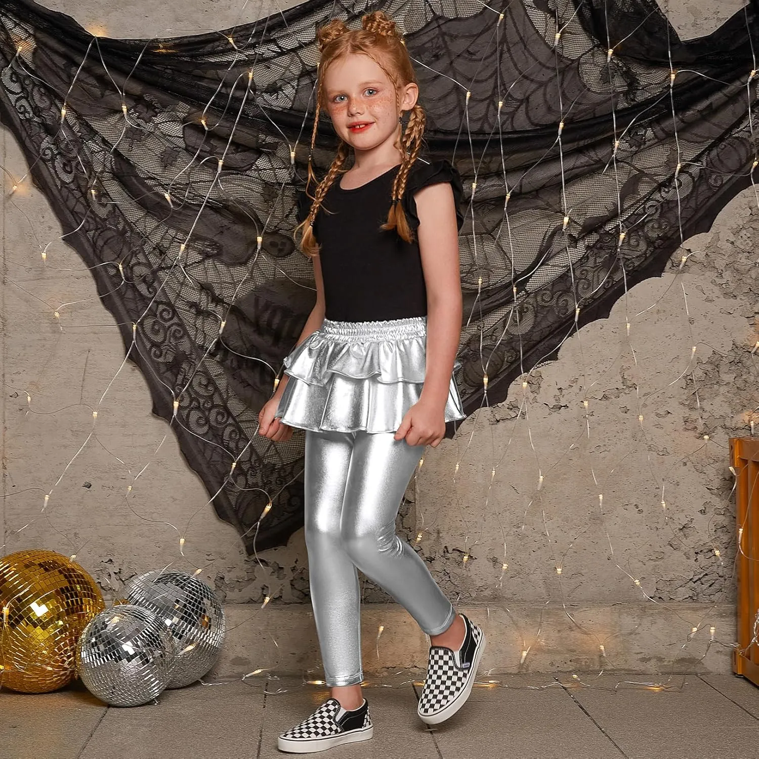 Jxstar Girls Metallic Leggings with Skirt Kids Shiny Sparkle Stretch Pants