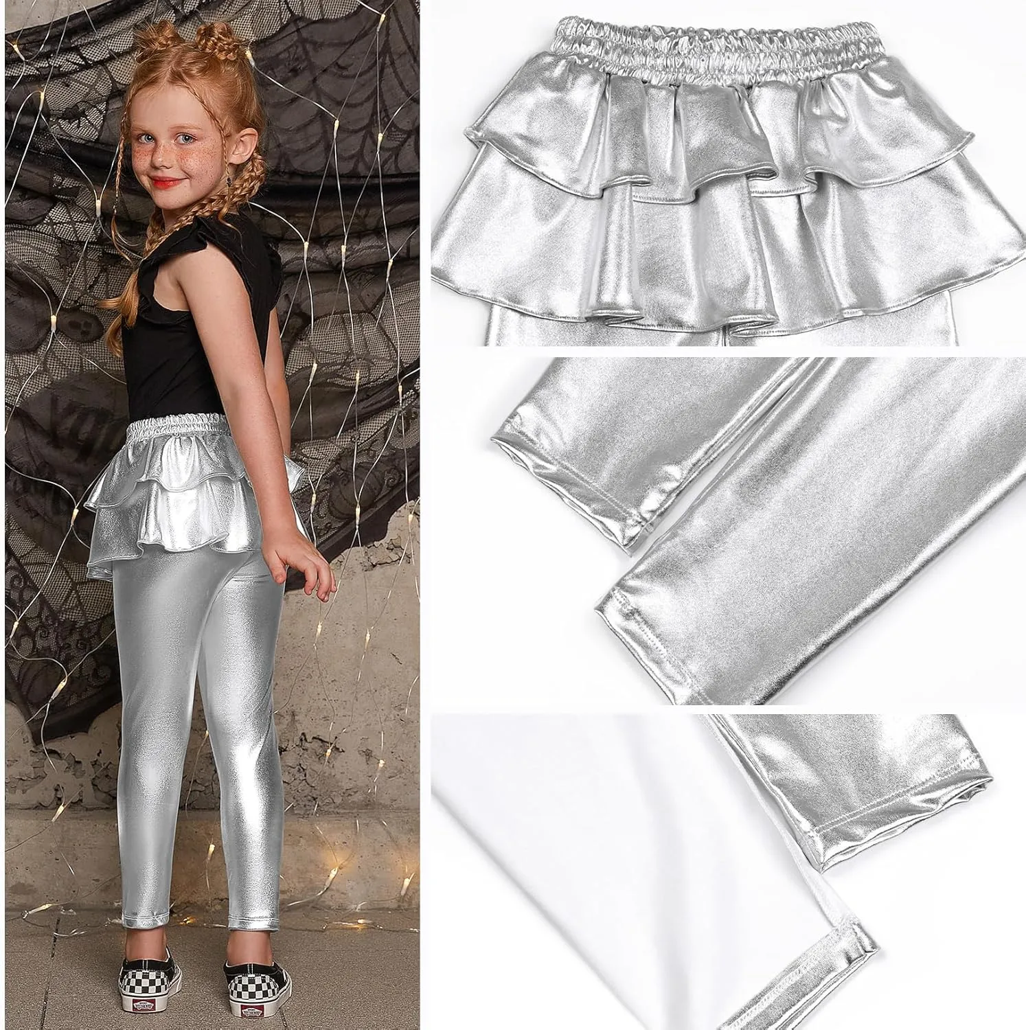 Jxstar Girls Metallic Leggings with Skirt Kids Shiny Sparkle Stretch Pants