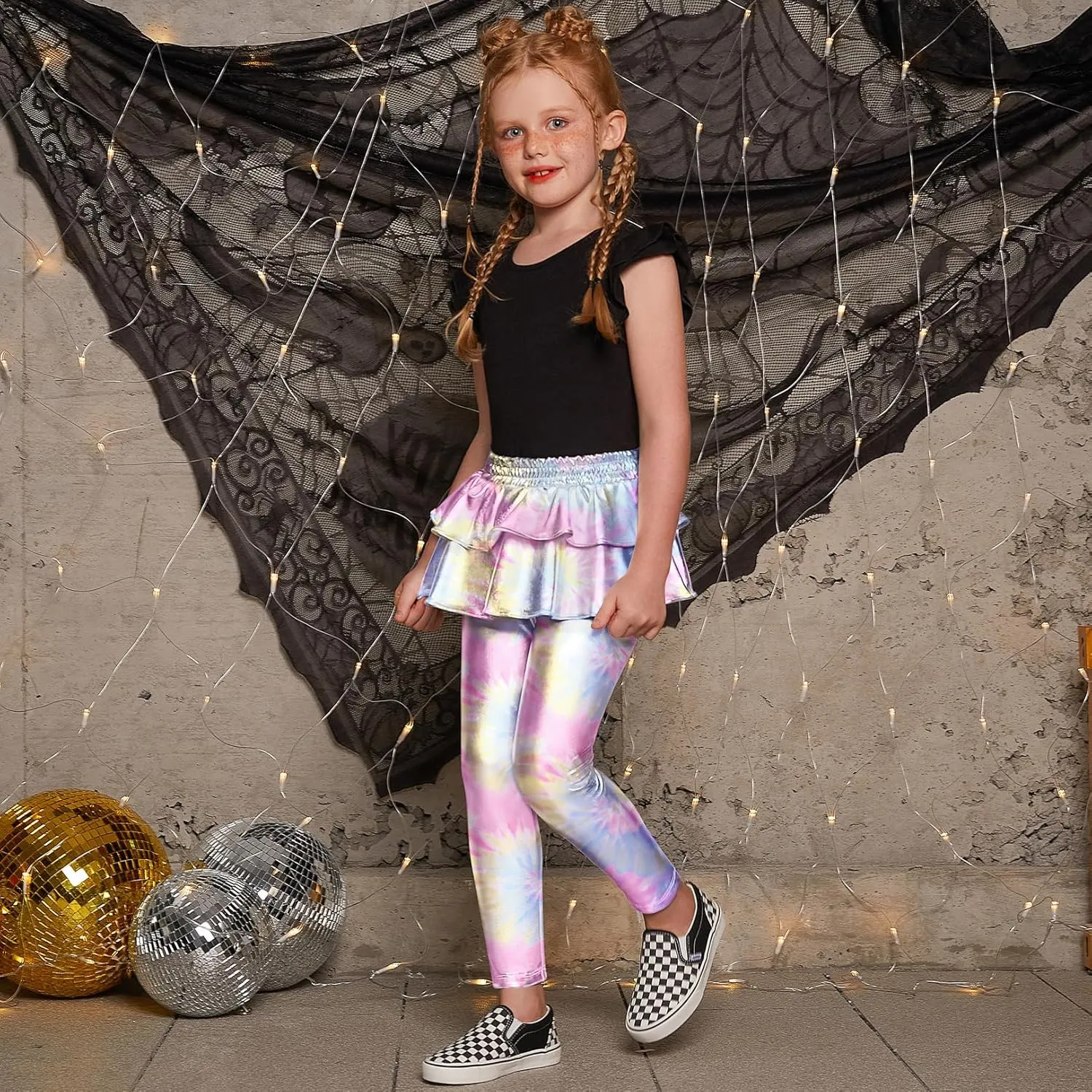 Jxstar Girls Metallic Leggings with Skirt Kids Shiny Sparkle Stretch Pants
