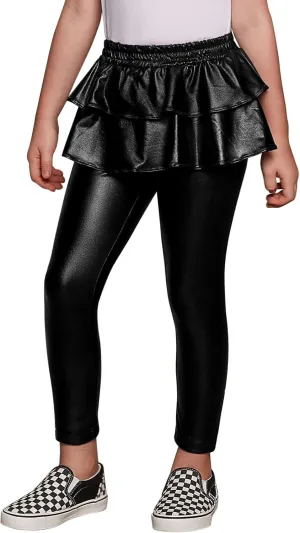 Jxstar Girls Metallic Leggings with Skirt Kids Shiny Sparkle Stretch Pants