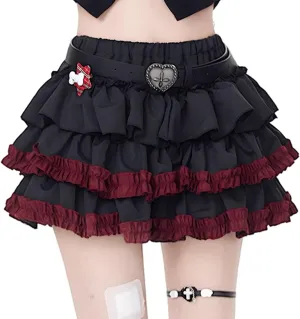 Kawaii Goth Lolita Vintage Casual Elastic Waist Color Blocking Red Lace Trim Pleated Tiered Skirts for Women