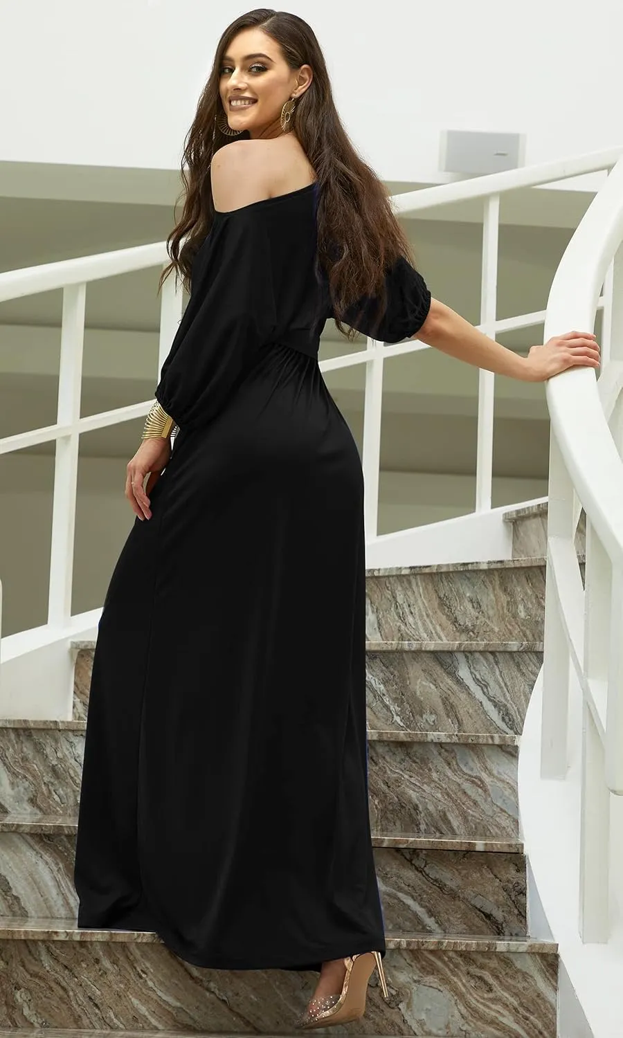 KOH KOH Womens Long Sexy One Shoulder Flowy Casual 3/4 Short Sleeve Maxi Dress