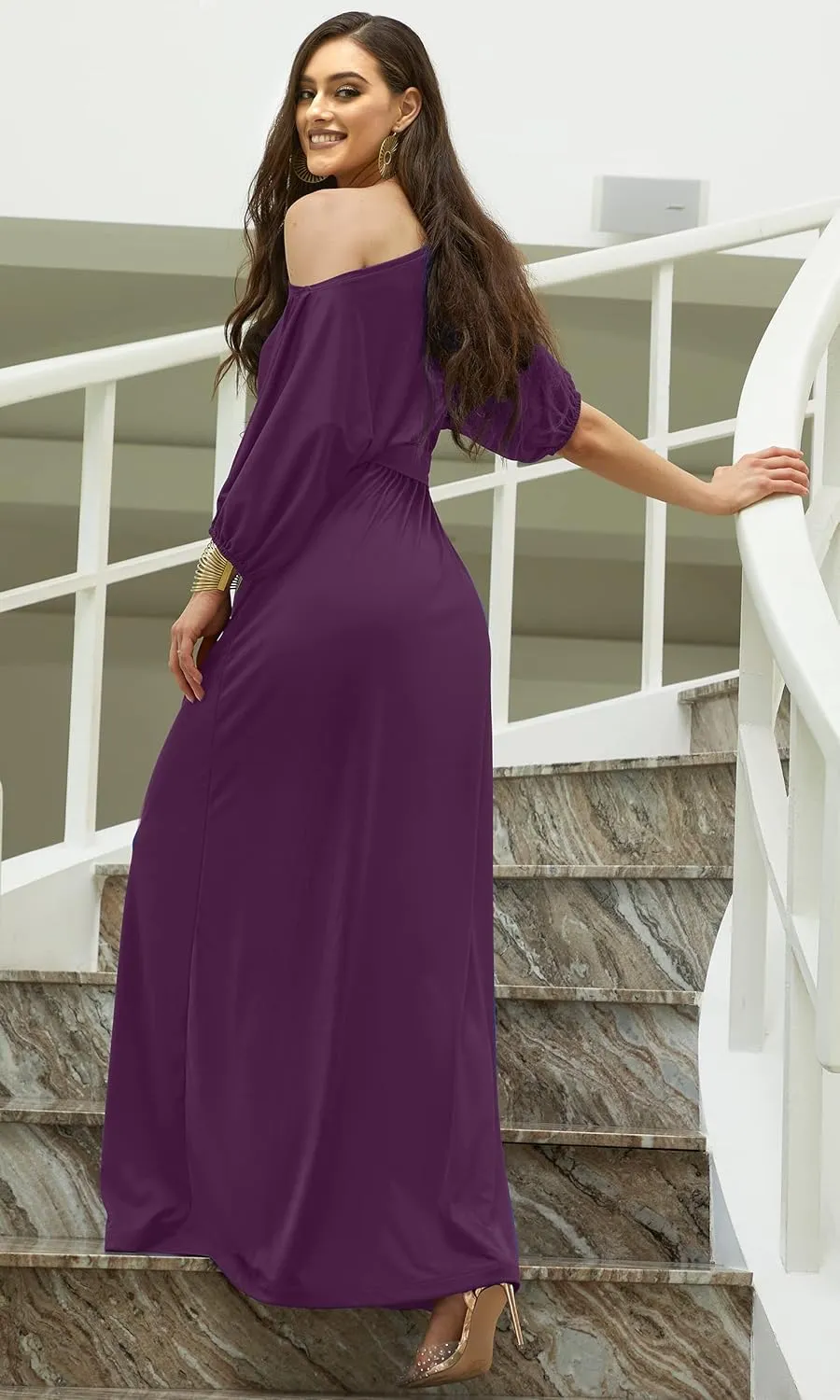 KOH KOH Womens Long Sexy One Shoulder Flowy Casual 3/4 Short Sleeve Maxi Dress