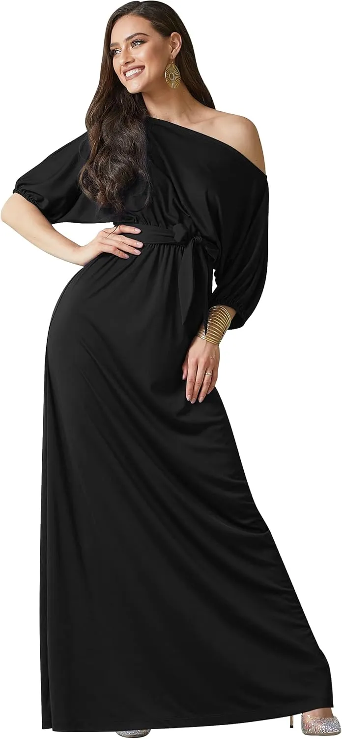 KOH KOH Womens Long Sexy One Shoulder Flowy Casual 3/4 Short Sleeve Maxi Dress