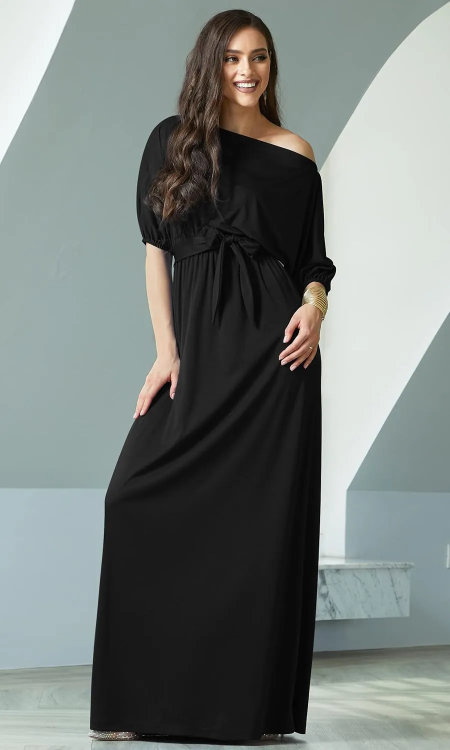 KOH KOH Womens Long Sexy One Shoulder Flowy Casual 3/4 Short Sleeve Maxi Dress