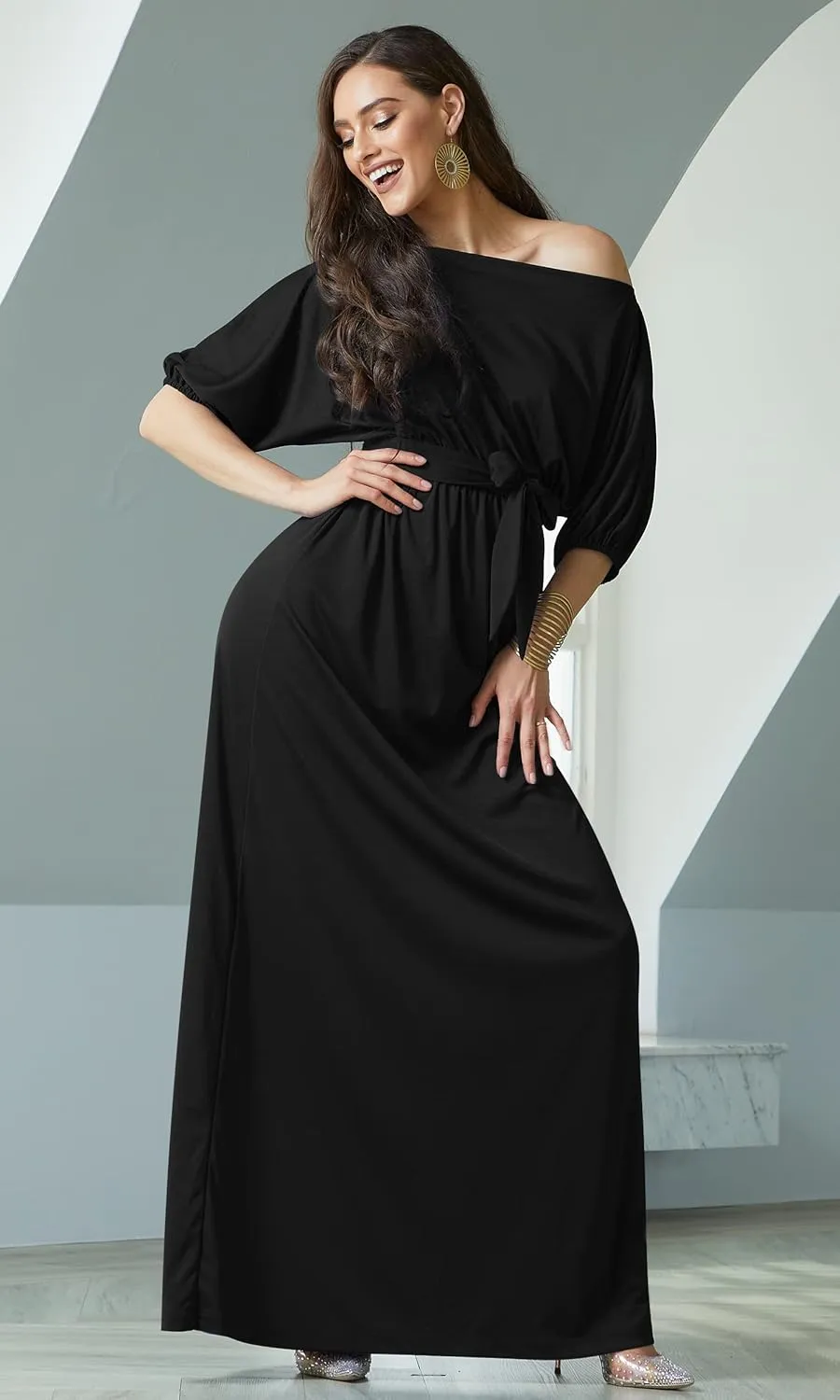 KOH KOH Womens Long Sexy One Shoulder Flowy Casual 3/4 Short Sleeve Maxi Dress