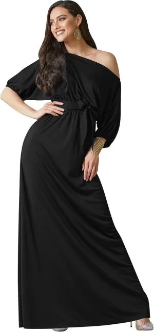 KOH KOH Womens Long Sexy One Shoulder Flowy Casual 3/4 Short Sleeve Maxi Dress