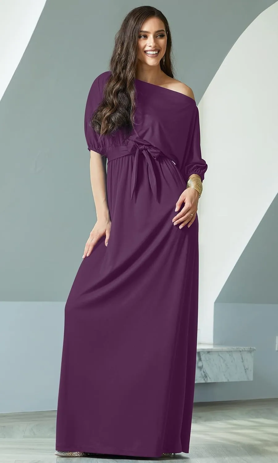 KOH KOH Womens Long Sexy One Shoulder Flowy Casual 3/4 Short Sleeve Maxi Dress