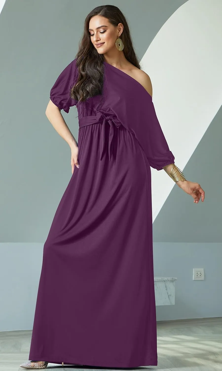 KOH KOH Womens Long Sexy One Shoulder Flowy Casual 3/4 Short Sleeve Maxi Dress
