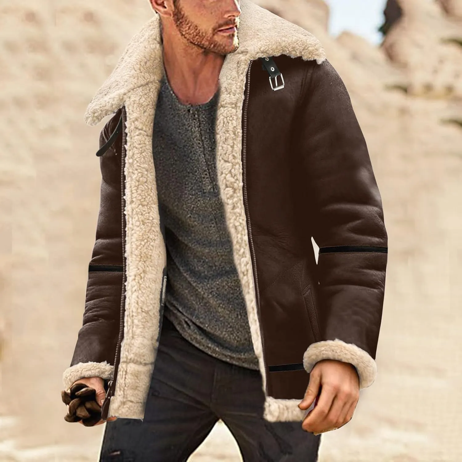 LCMTWX Jackets for Men Winter Outerwear Single-breasted Solid Color Lapel Long Sleeve Coat Cardigan Plush Long Coat Mens