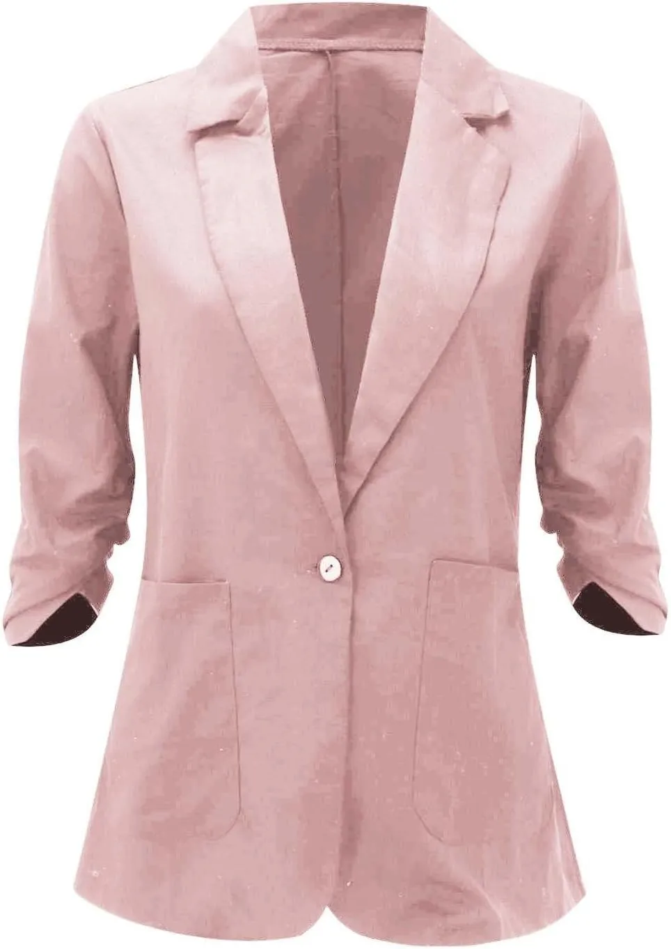 linen blazer women 3/4 sleeve Ruched One Button Lightweight plus size Slim Casual Work Office Jacket with Pockets