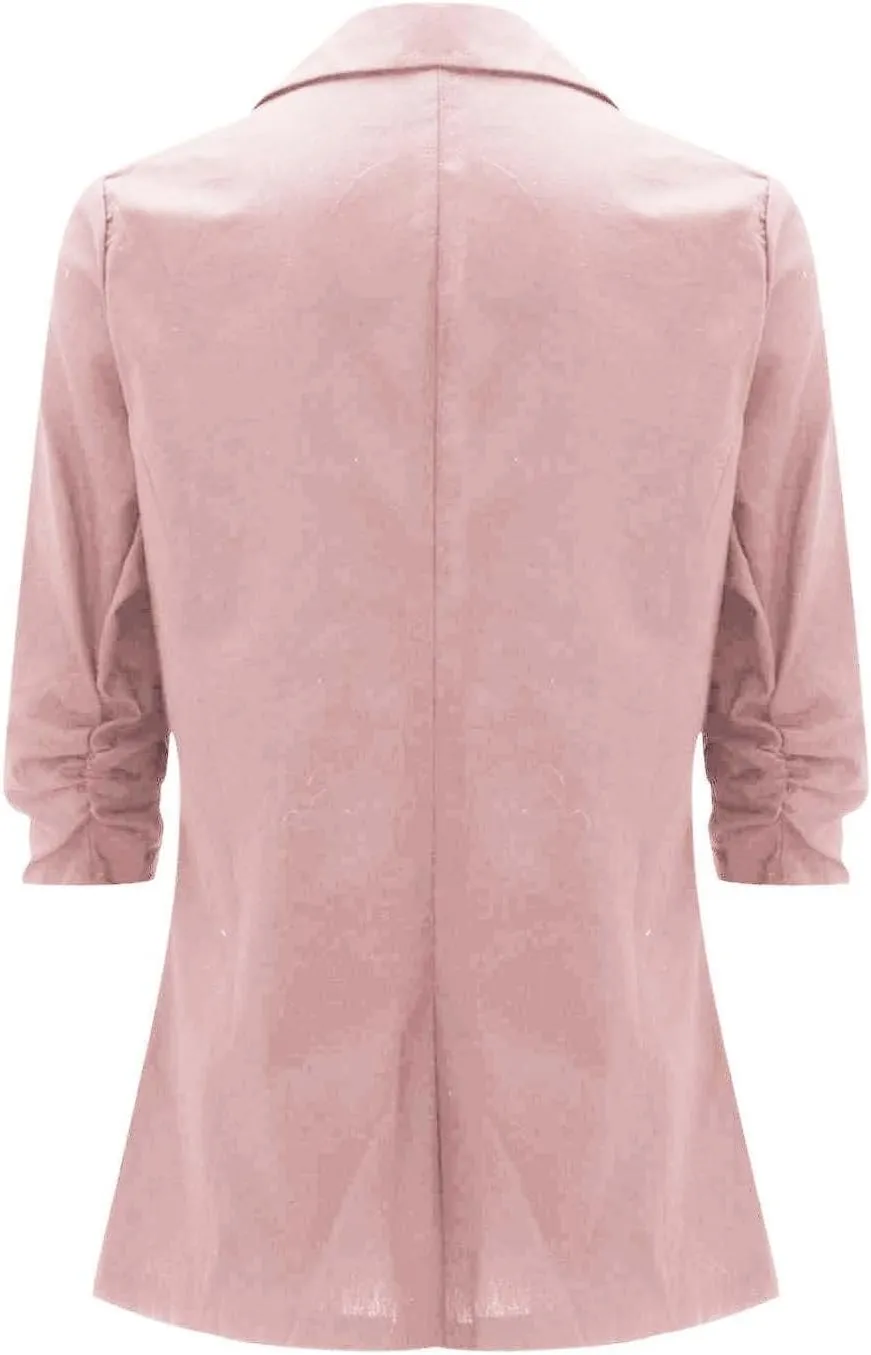 linen blazer women 3/4 sleeve Ruched One Button Lightweight plus size Slim Casual Work Office Jacket with Pockets