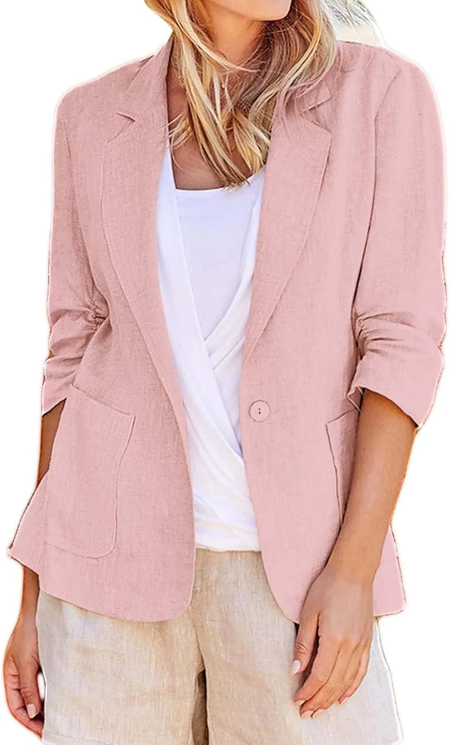 linen blazer women 3/4 sleeve Ruched One Button Lightweight plus size Slim Casual Work Office Jacket with Pockets