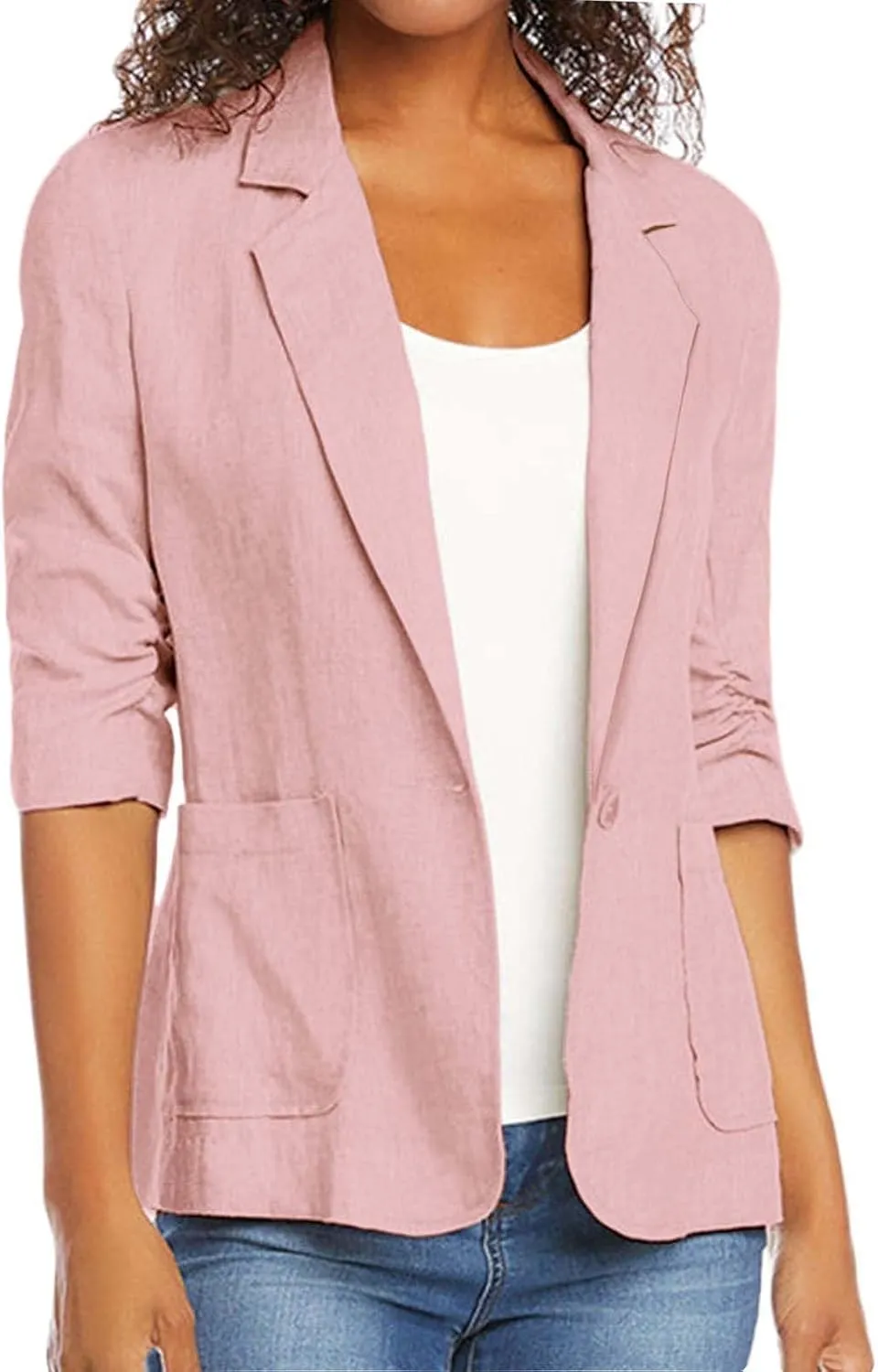 linen blazer women 3/4 sleeve Ruched One Button Lightweight plus size Slim Casual Work Office Jacket with Pockets