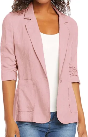 linen blazer women 3/4 sleeve Ruched One Button Lightweight plus size Slim Casual Work Office Jacket with Pockets