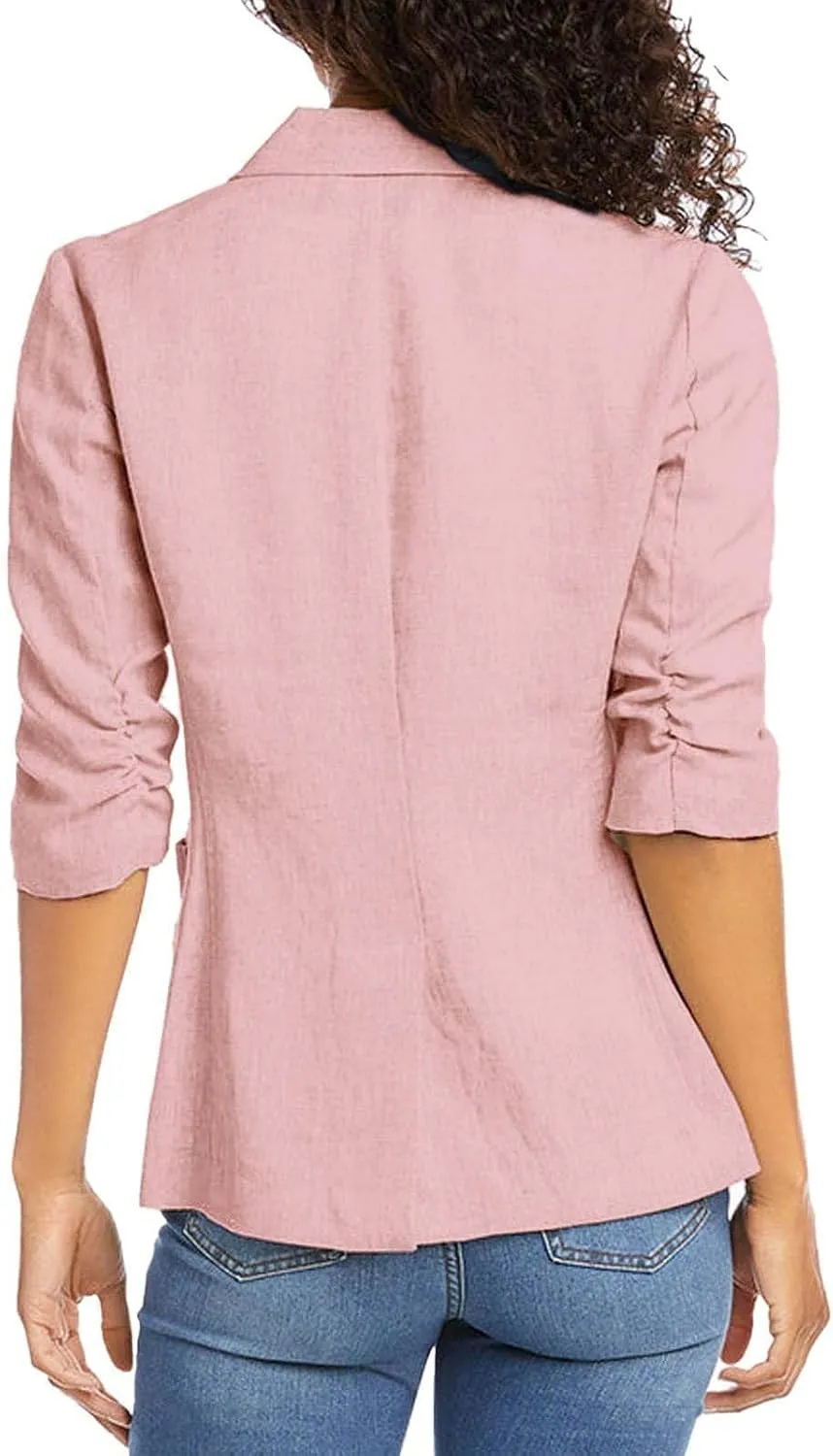 linen blazer women 3/4 sleeve Ruched One Button Lightweight plus size Slim Casual Work Office Jacket with Pockets